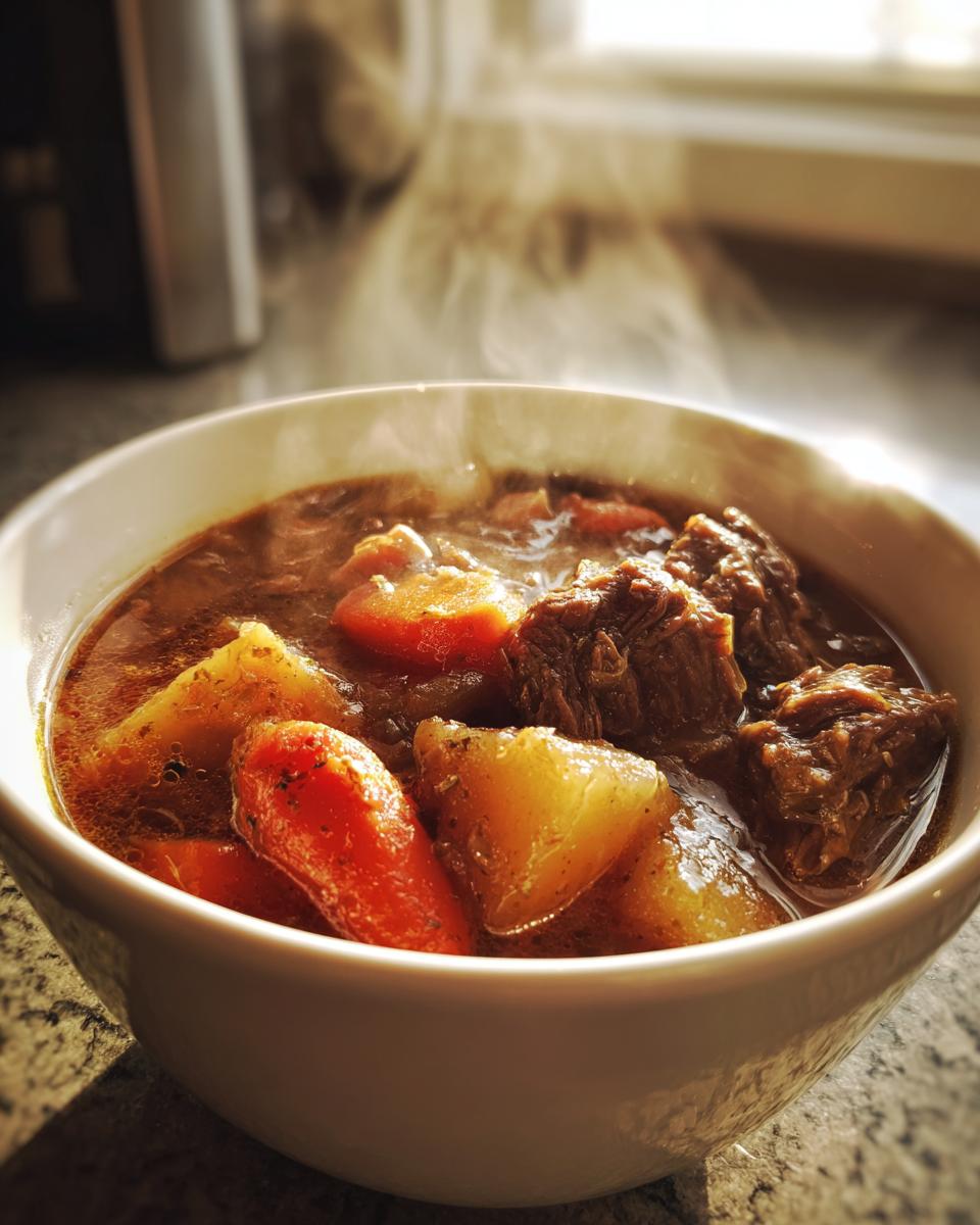 Steaming bowl of winter comfort food beef stew with carrots, potatoes, and tender meat chunks