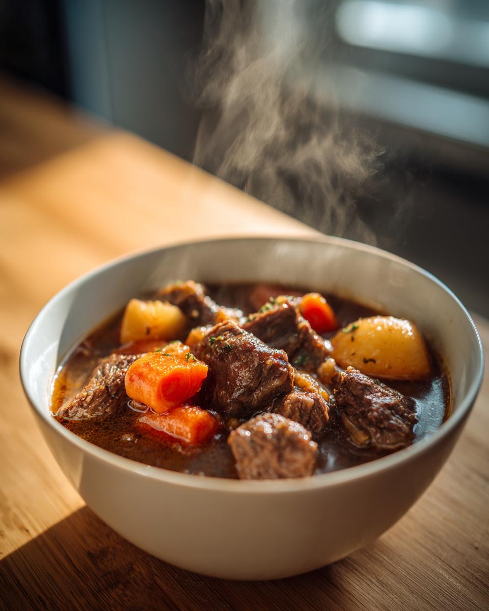 Steaming bowl of winter comfort food stew with beef, carrots, and potatoes in rich broth.