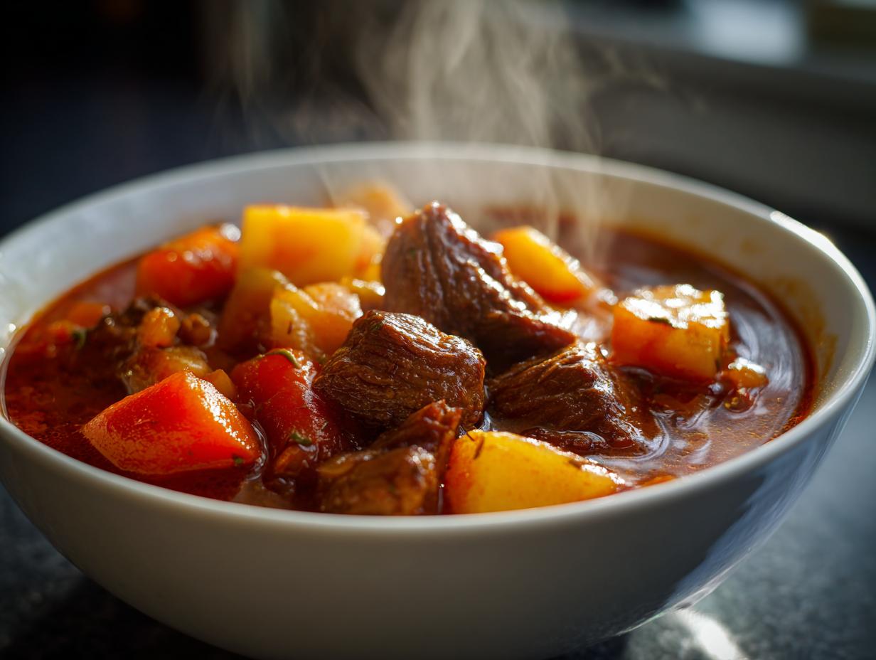 Steaming bowl of winter comfort food beef stew with chunks of beef, carrots, and potatoes