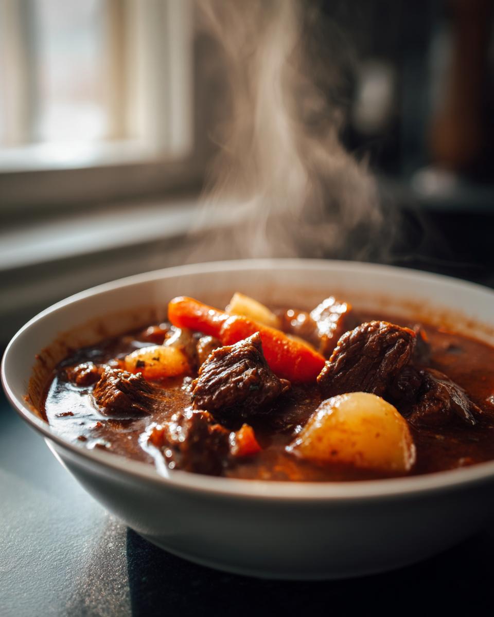 Close-up of steaming winter comfort food stew with beef, carrots, and potatoes in a bowl.
