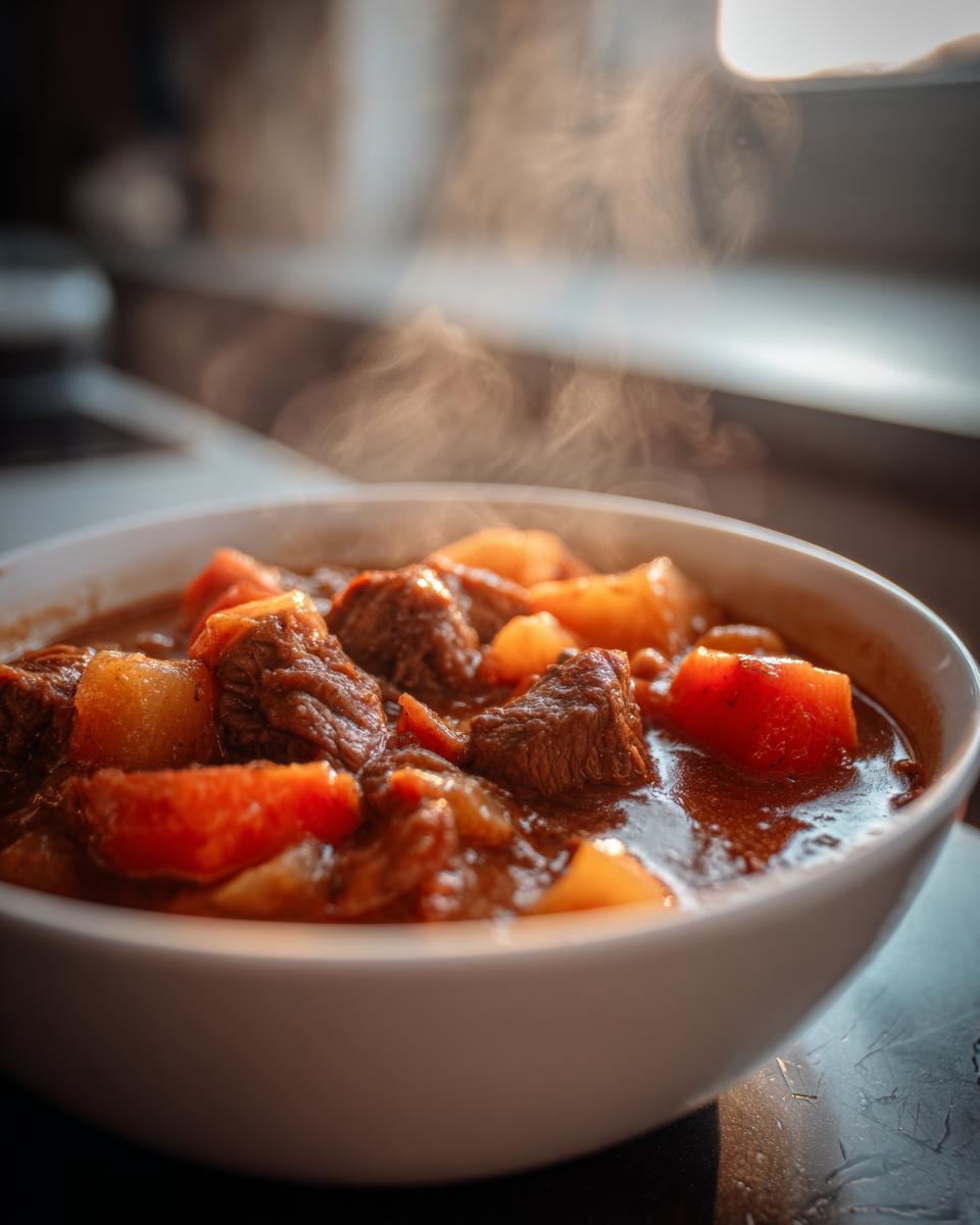 A steaming bowl of winter comfort food stew with chunks of beef, carrots, and potatoes.