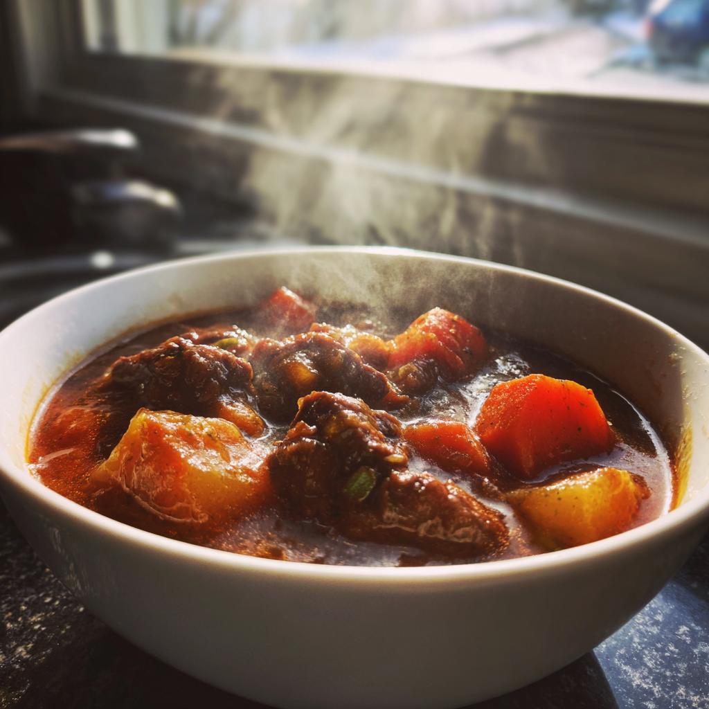 Steaming bowl of winter comfort food stew with chunks of meat, carrots, and potatoes