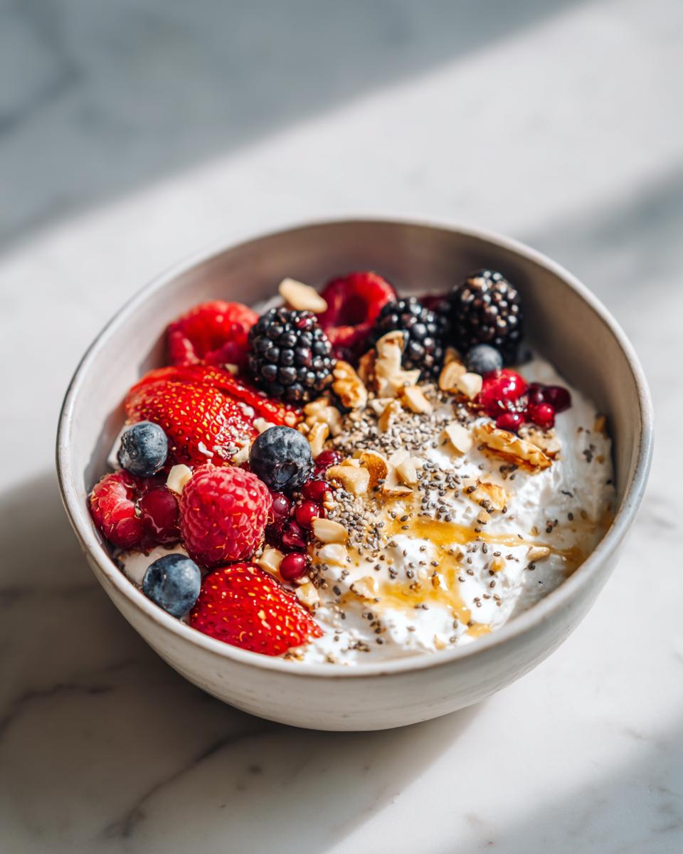 Yogurt bowl topped with strawberries, raspberries, blackberries, blueberries, nuts, chia seeds, and honey drizzle.