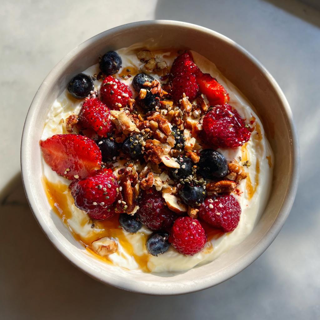 Yogurt bowl suhoor ideas with fresh strawberries, blueberries, nuts, and honey drizzle in a bowl.