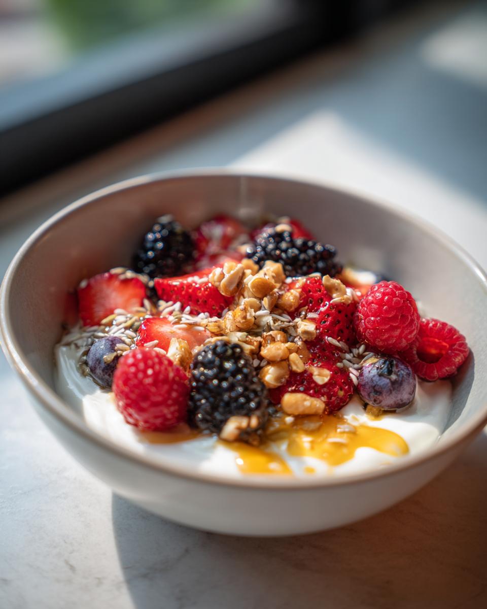 Yogurt bowl suhoor ideas featuring fresh berries, nuts, and honey in a bowl.