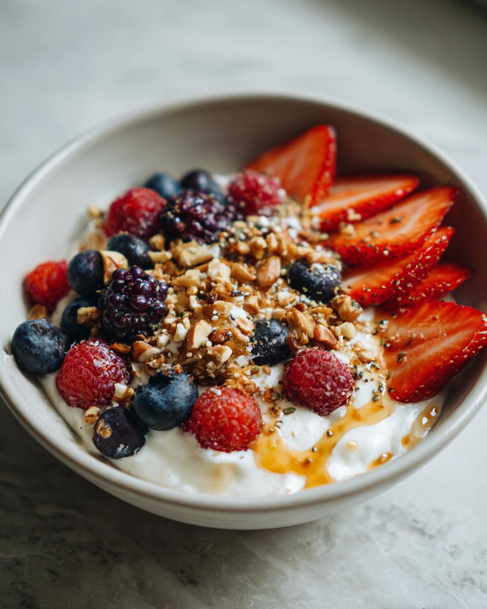 Yogurt bowl suhoor ideas with strawberries, blueberries, raspberries, nuts, and honey drizzle