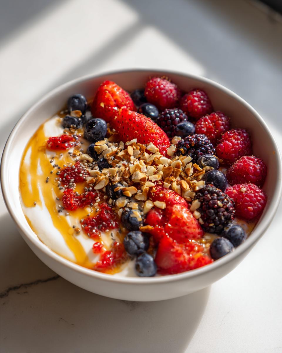 Yogurt bowl suhoor ideas with strawberries, blueberries, raspberries, nuts, and honey drizzle.