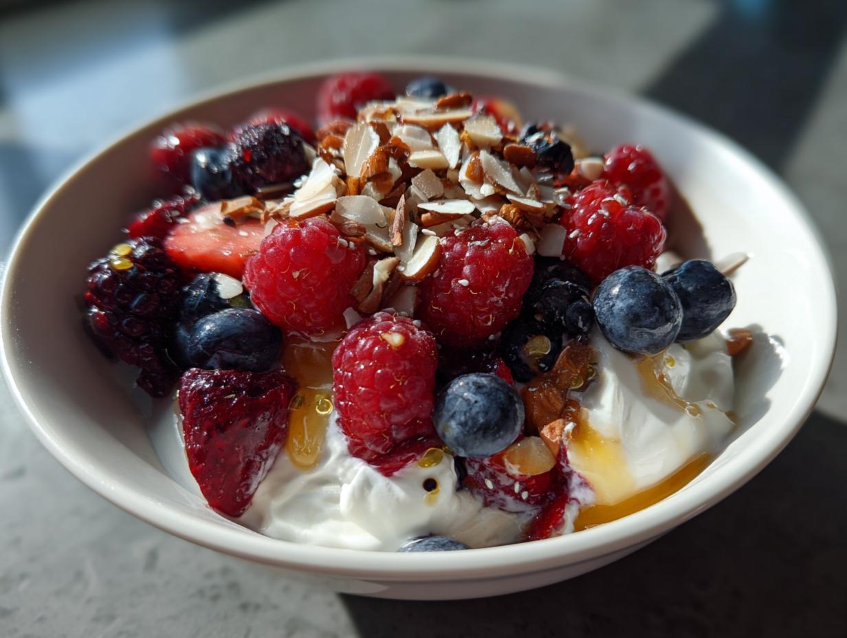 Yogurt bowl suhoor ideas featuring fresh raspberries, blueberries, blackberries, sliced almonds, and honey drizzle