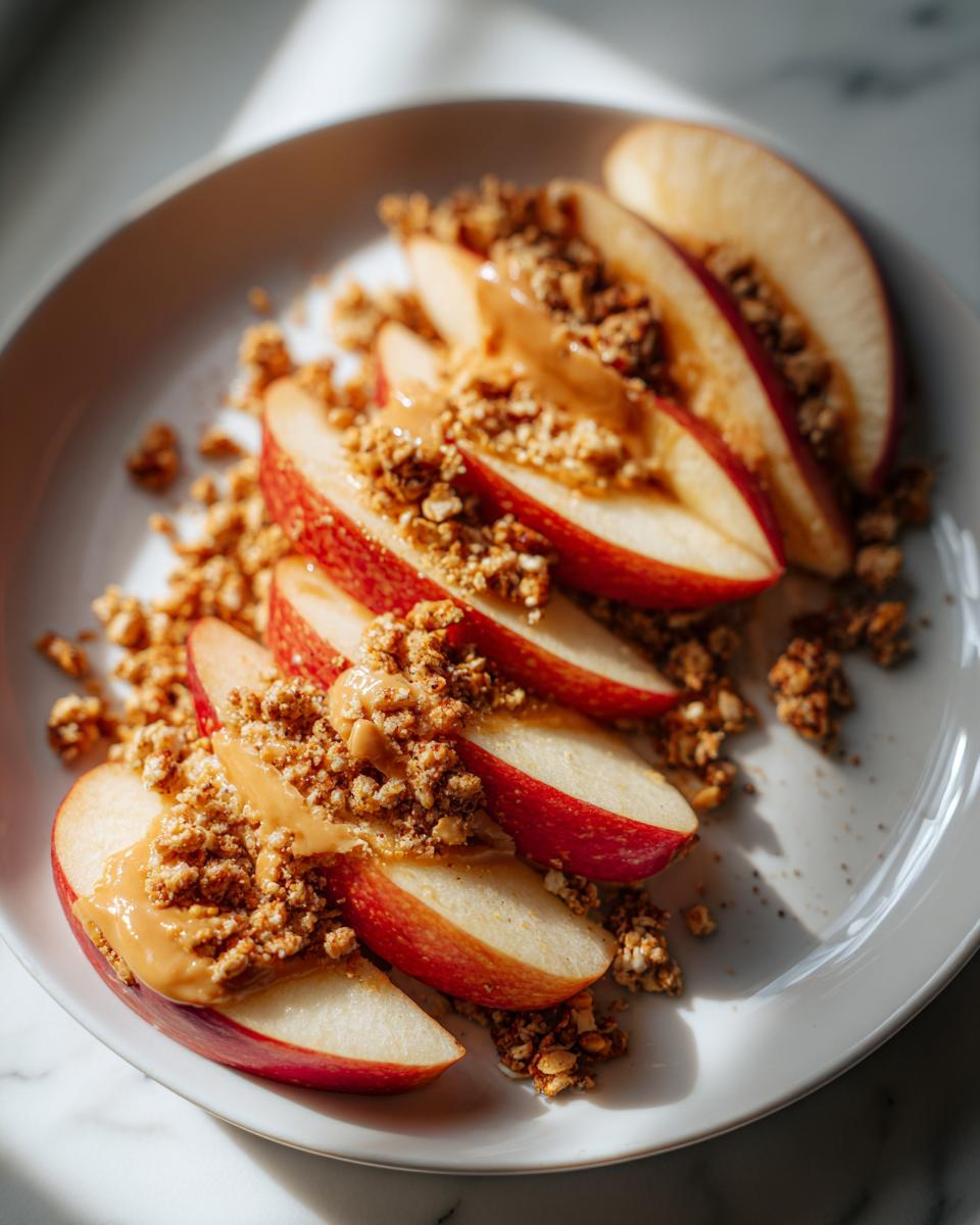 Plate of apple slices topped with granola and peanut butter, a healthy after school snack recipe.