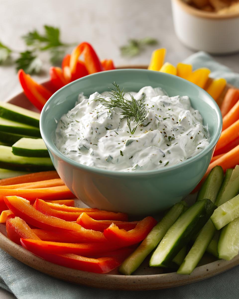 Colorful sliced vegetables with creamy herb dip in a bowl, perfect April spring snacks