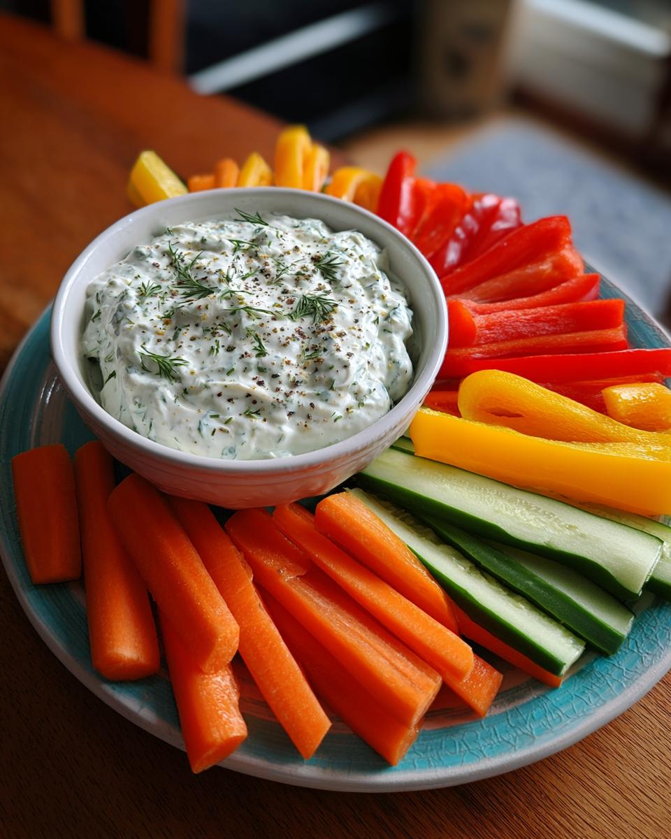 Plate of colorful carrot, cucumber, and bell pepper sticks with creamy herb dip for April spring snacks