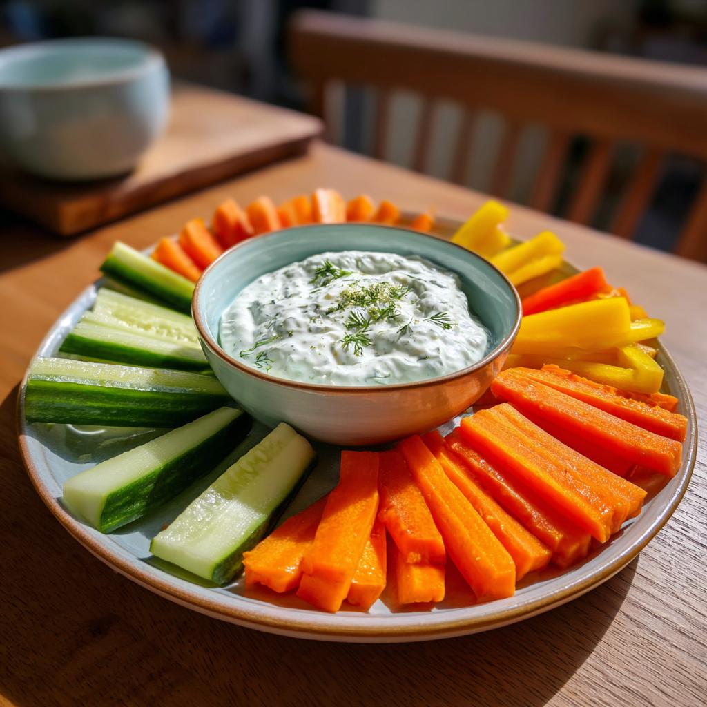 Plate of sliced cucumbers, carrots, and yellow bell peppers with creamy herb dip in the center for April spring snacks.