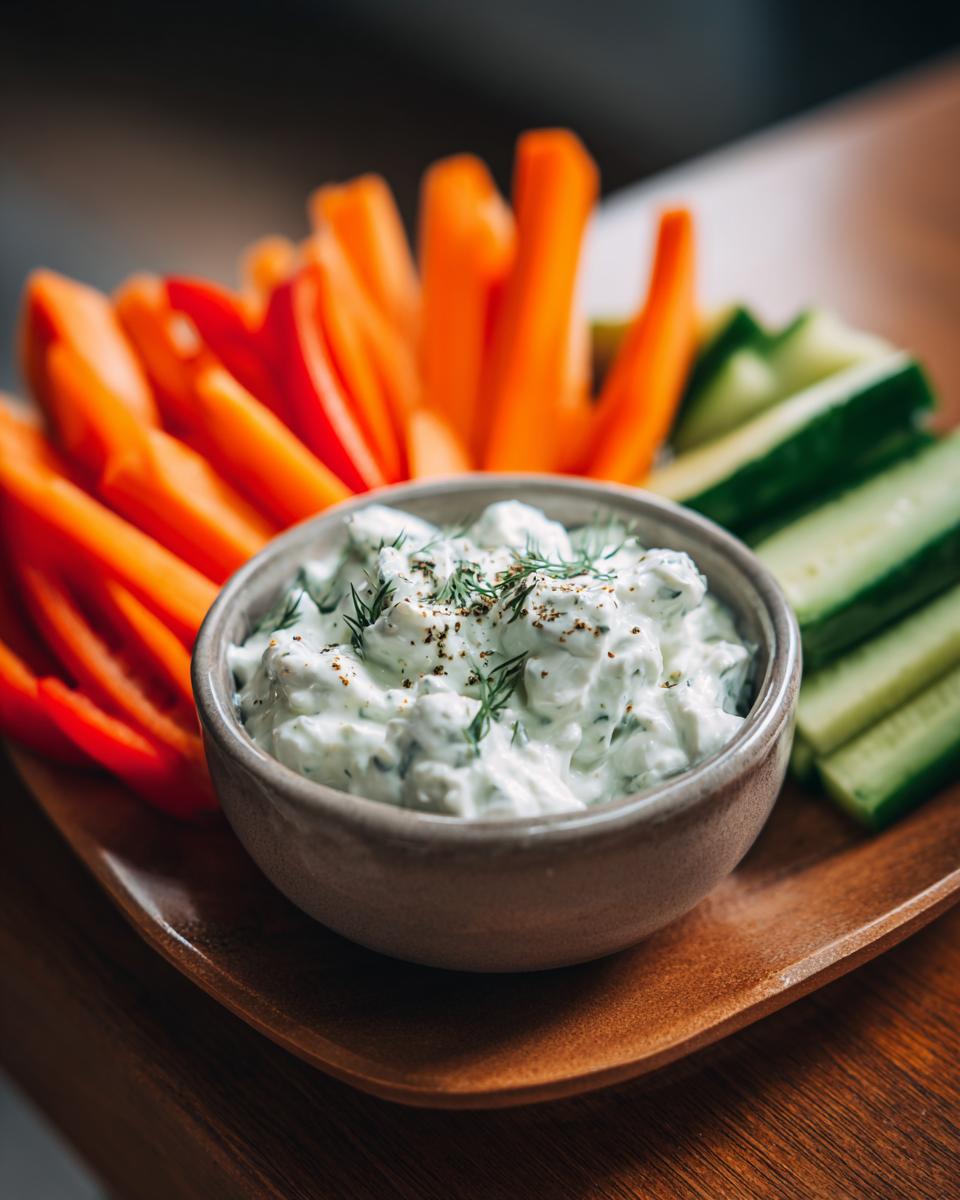 Bowl of creamy dip garnished with herbs surrounded by carrot, cucumber, and red pepper sticks for April spring snacks