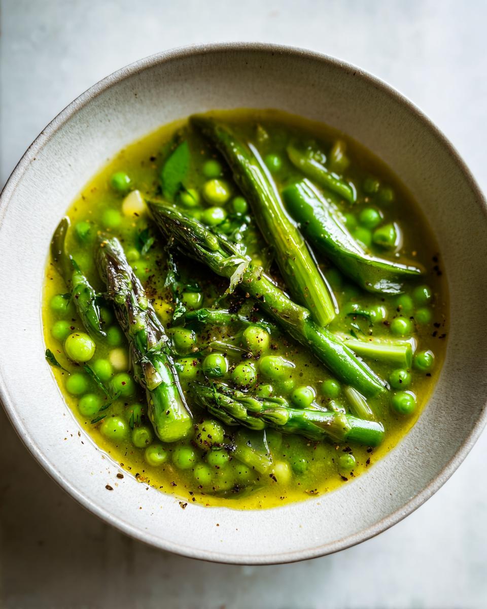 Bowl of green spring soup with asparagus spears and peas in broth