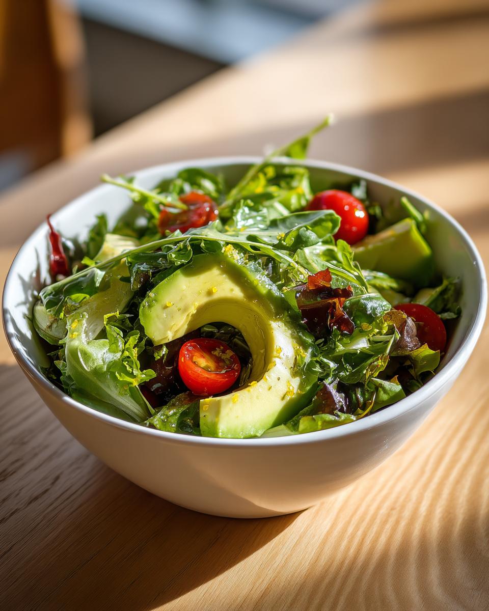 Bowl of fresh salad with avocado slices, cherry tomatoes, and mixed greens for April seasonal recipes