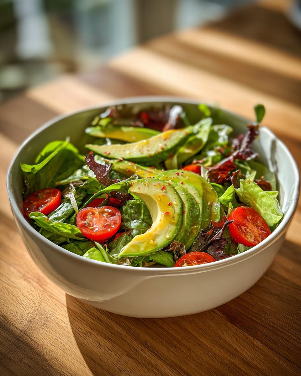 Bowl of fresh salad with avocado slices, cherry tomatoes, and mixed greens for April seasonal recipes