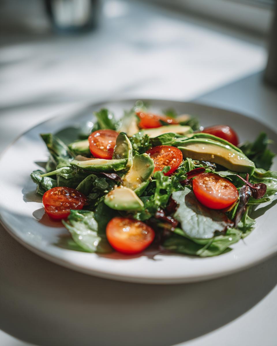 Plate of fresh salad with avocado slices, cherry tomatoes, and mixed greens for easy spring dinner ideas