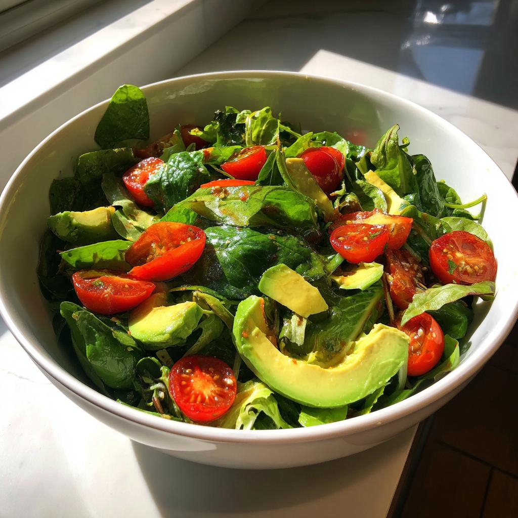 Bowl of fresh salad with avocado slices, cherry tomatoes, and leafy greens for healthy dinner recipes