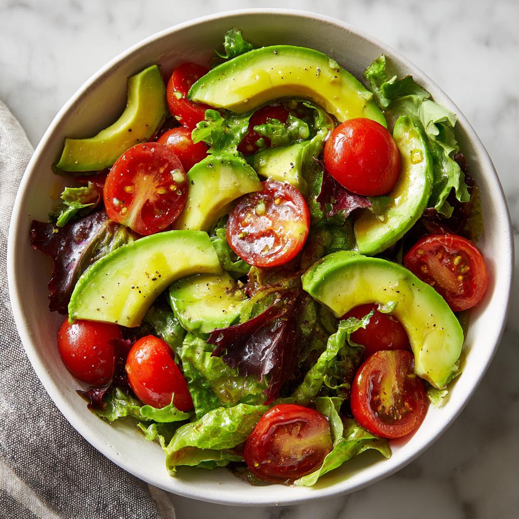 Bowl of fresh salad with avocado slices, cherry tomatoes, and mixed greens for healthy lunch recipes