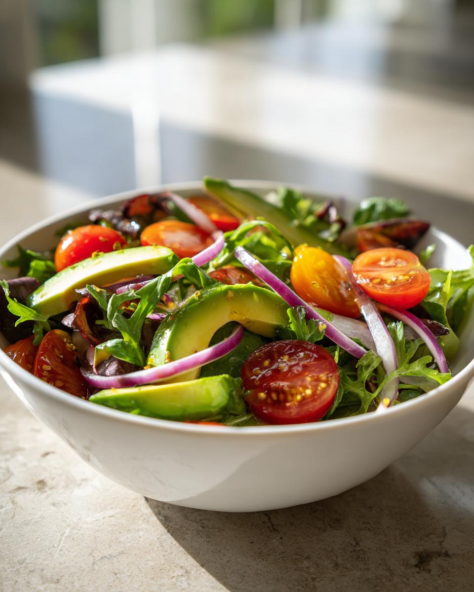 Bowl of fresh salad with avocado slices, cherry tomatoes, red onion, and mixed greens for light spring lunches.