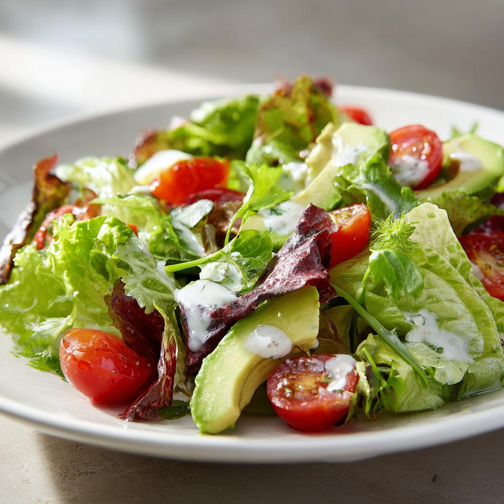 Plate of fresh salad with avocado, cherry tomatoes, mixed greens, and creamy dressing