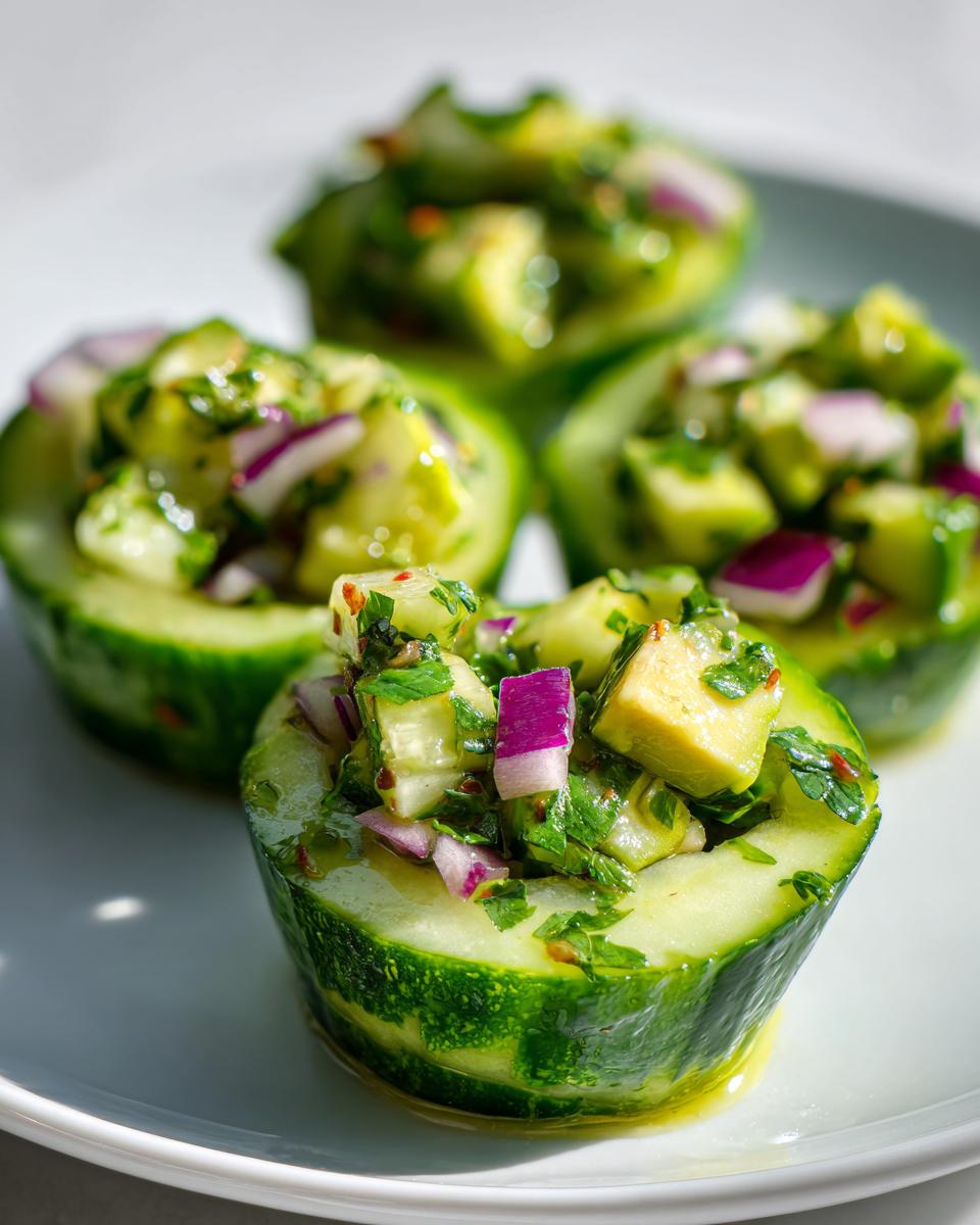 Close-up of avocado cucumber salad cups with red onion and herbs on a white plate