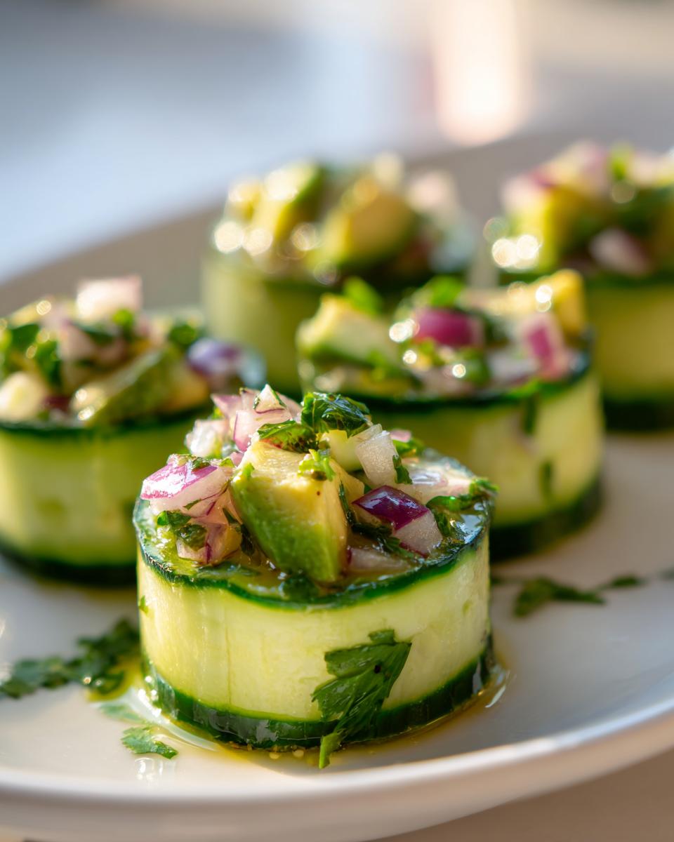 Close-up of avocado cucumber salad cups with red onion and herbs on a white plate.