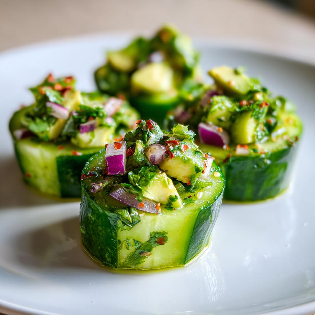 Close-up of avocado cucumber salad cups with red onion and herbs on a white plate.