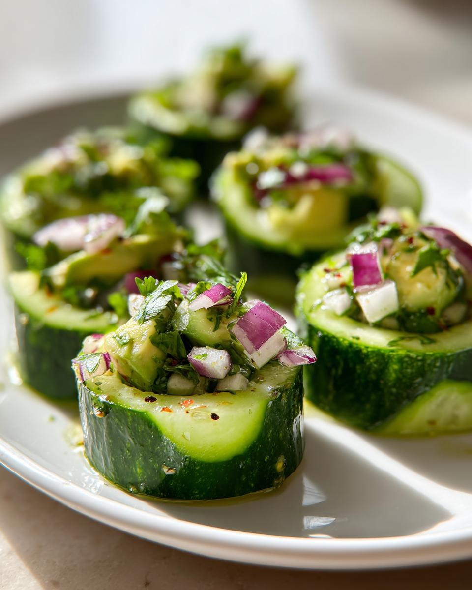 Close-up of avocado cucumber salad cups with red onion and herbs on a white plate.