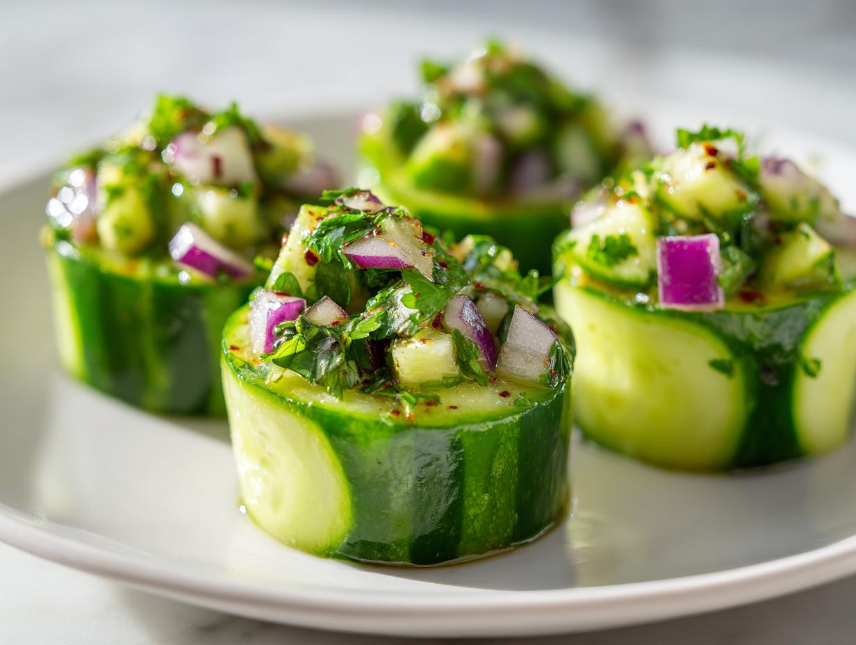 Close-up of avocado cucumber salad cups with red onion and herbs on a white plate.