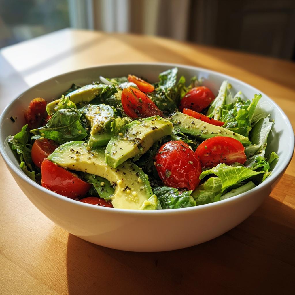 Bowl of fresh avocado and cherry tomato salad with leafy greens and seasoning.