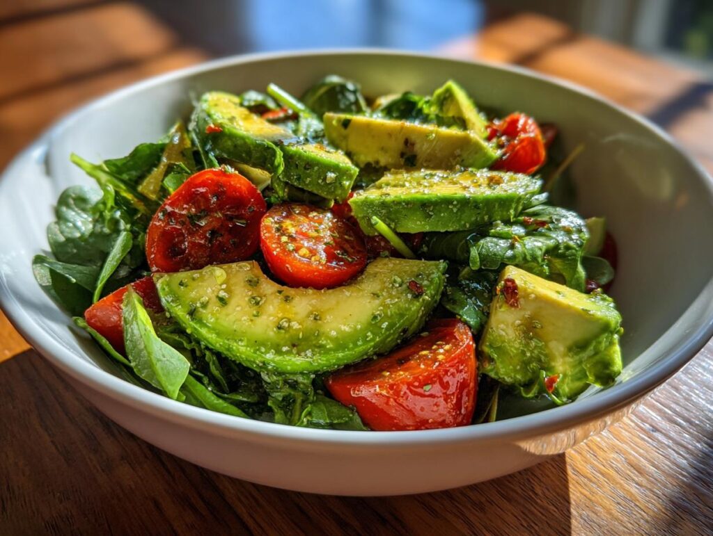 Bowl of fresh avocado and cherry tomato salad with greens, seasoned and dressed.