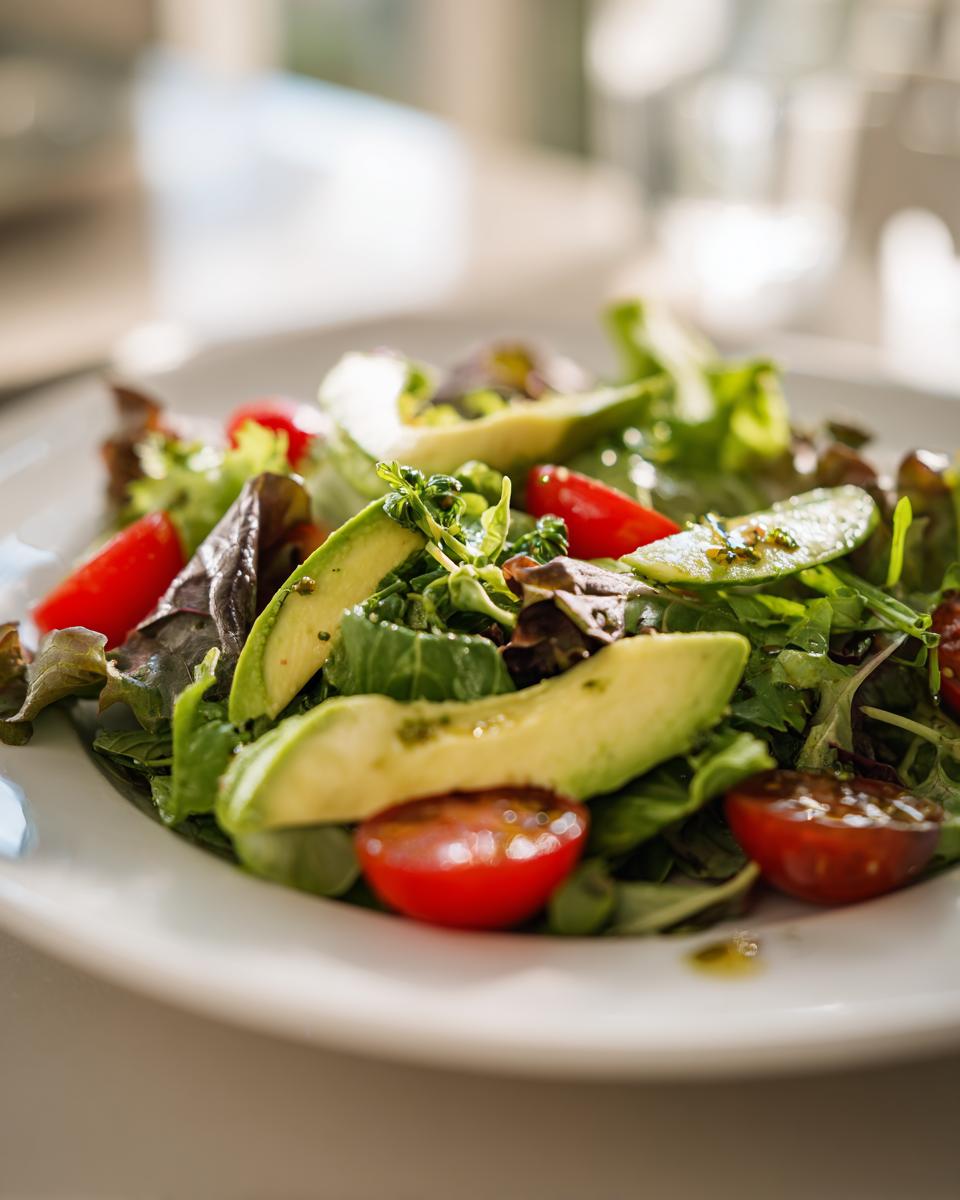 Close-up of fresh avocado slices and cherry tomatoes on mixed greens salad.