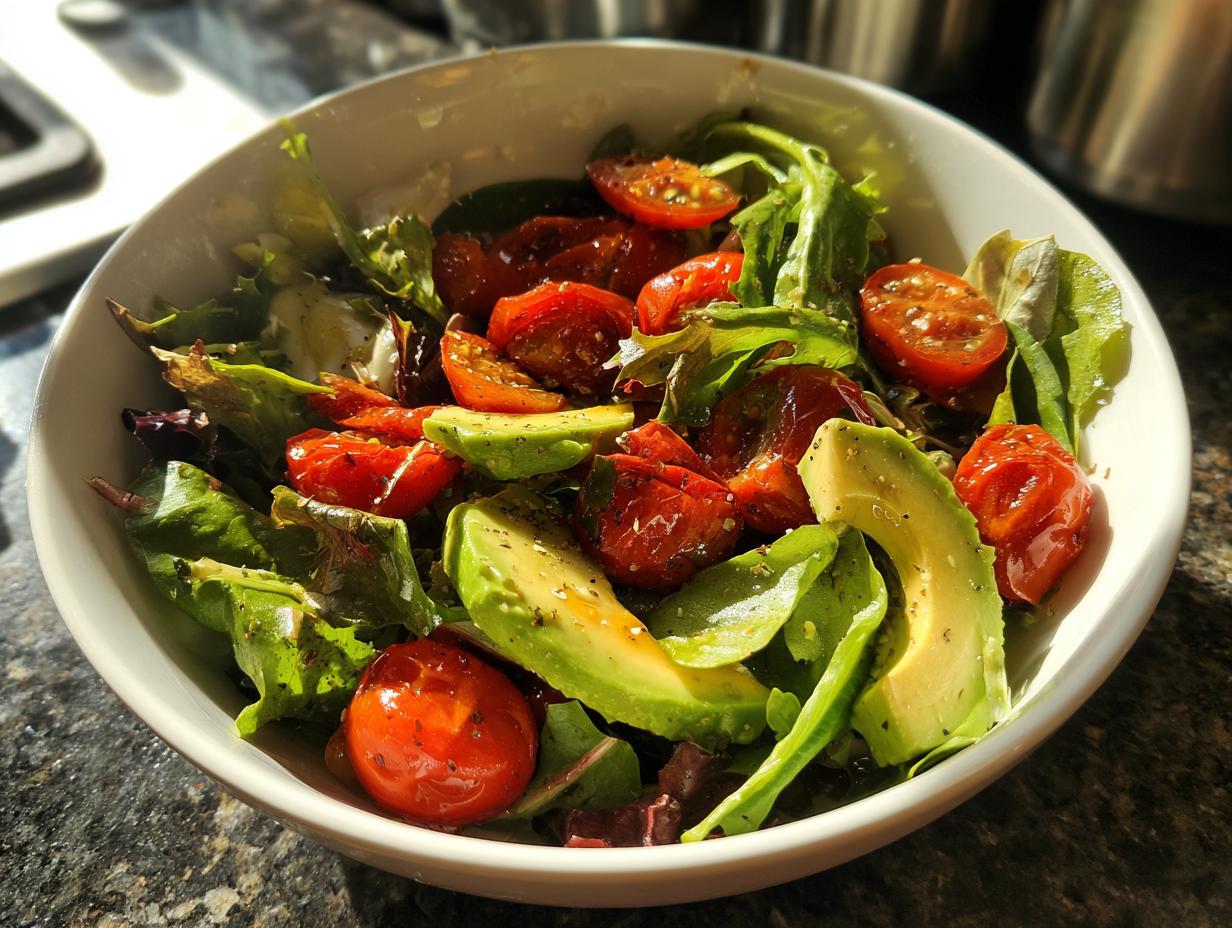 Bowl of fresh salad with avocado slices, cherry tomatoes, and mixed greens for healthy dinner recipes