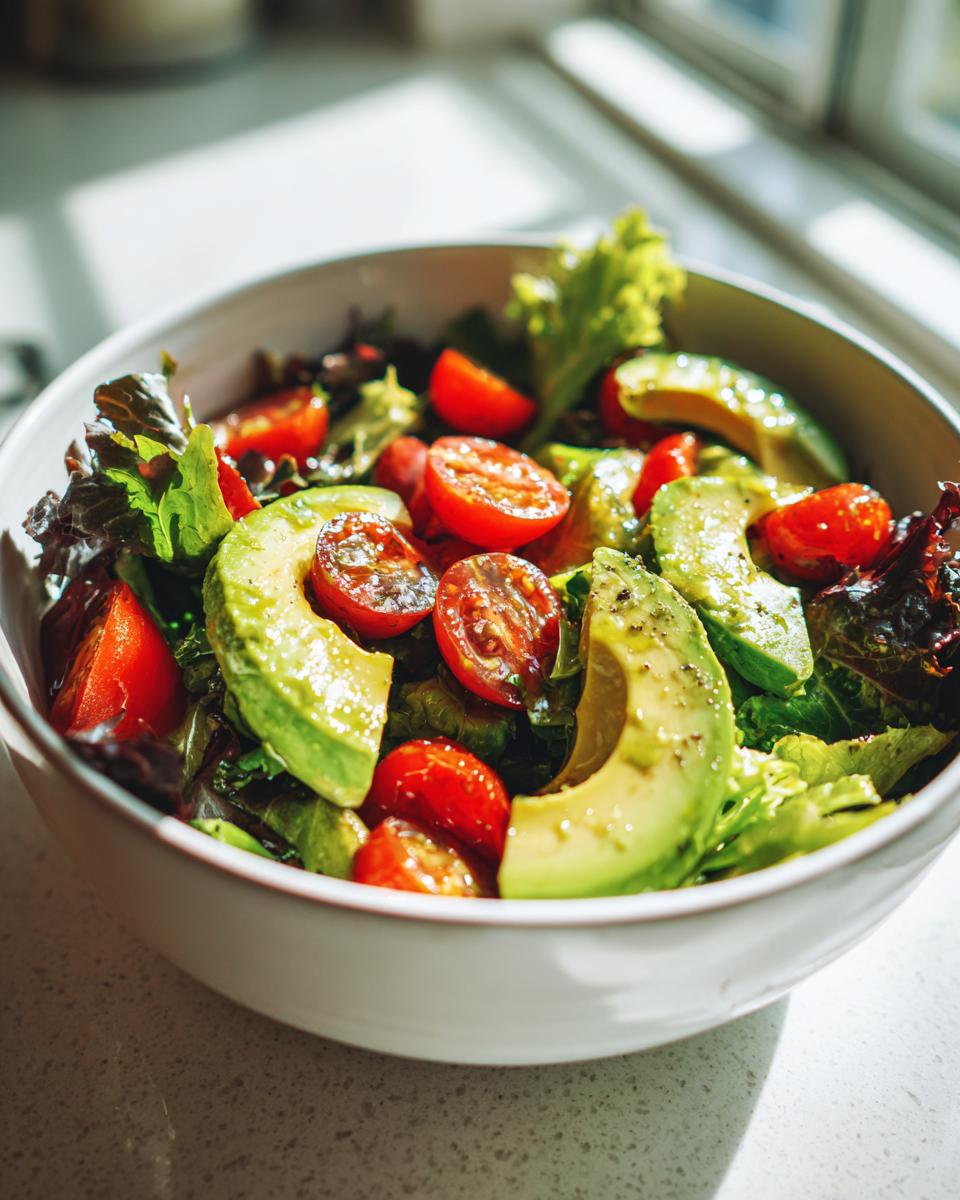 Bowl of fresh salad with avocado slices, cherry tomatoes, and mixed greens for healthy dinner recipes