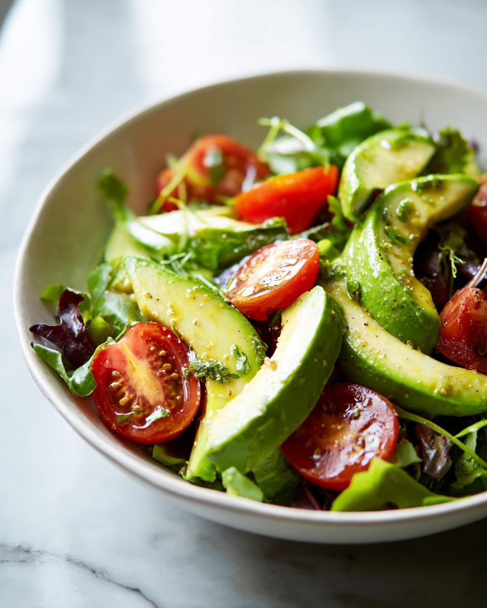 Bowl of fresh avocado slices and cherry tomatoes on mixed greens salad