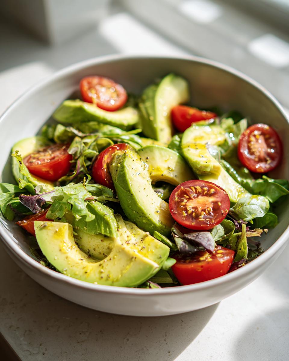 Bowl of fresh salad with avocado slices, cherry tomatoes, and mixed greens for healthy lunch recipes