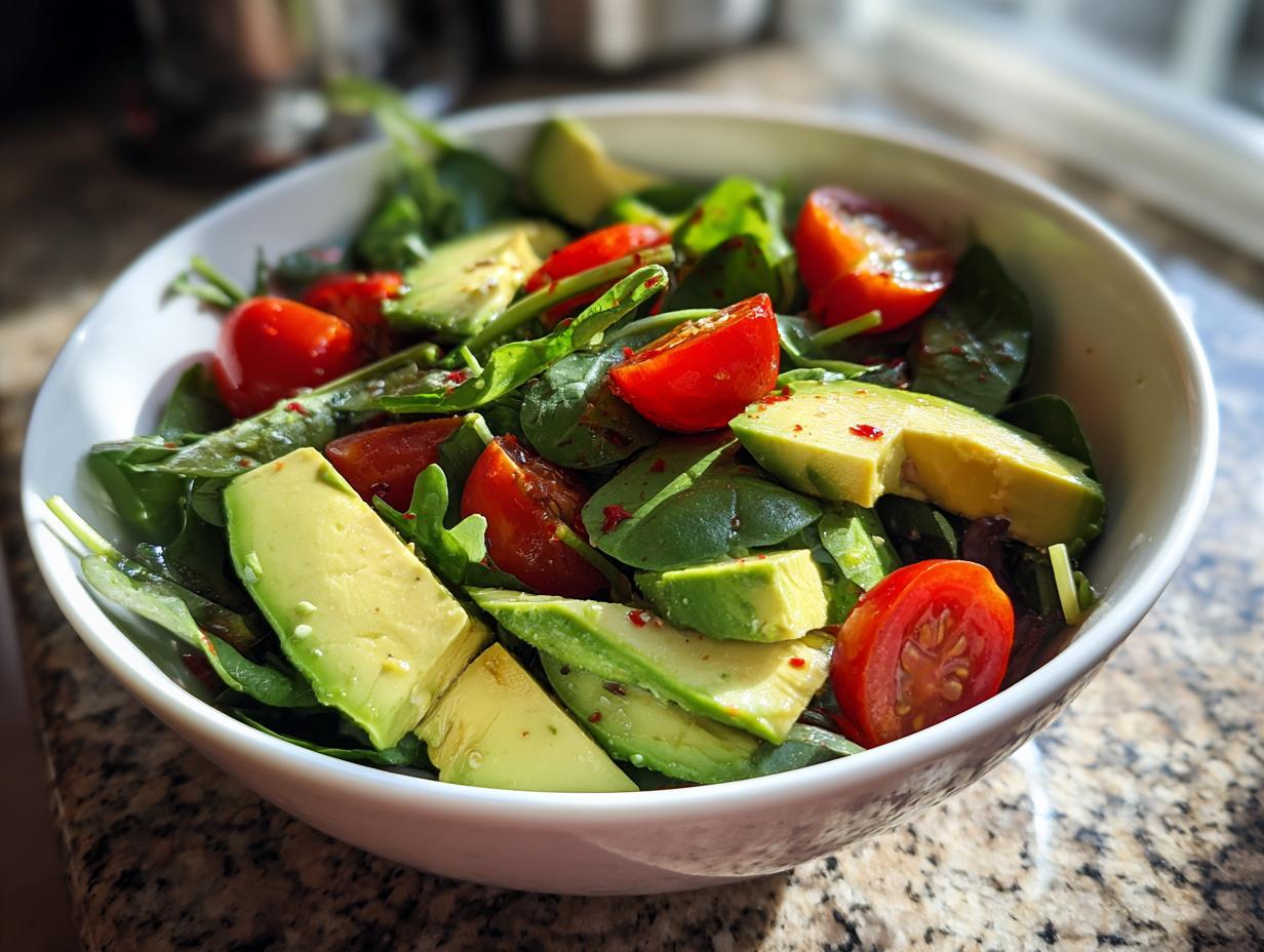 Bowl of fresh salad with avocado slices, cherry tomatoes, and leafy greens for healthy lunch recipes.