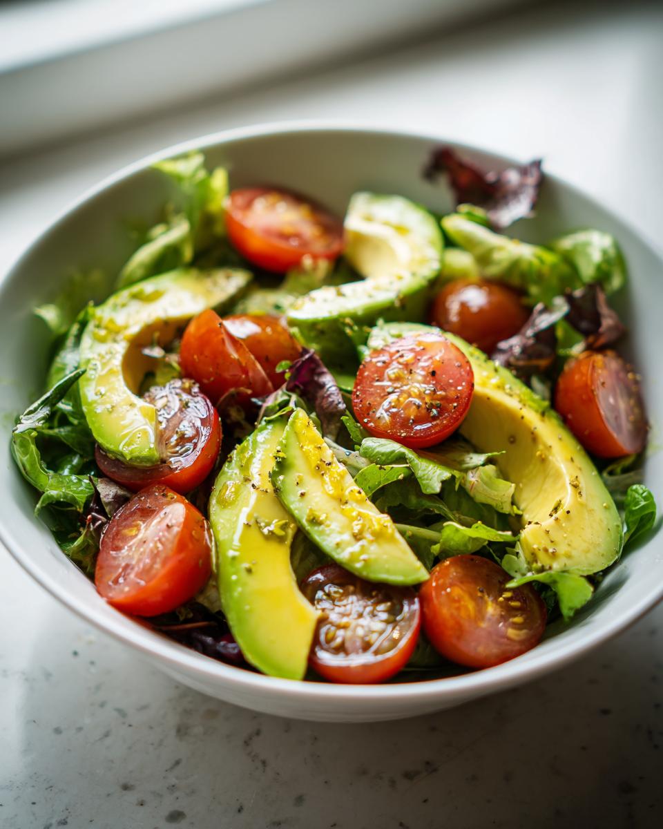 Bowl of fresh avocado slices and cherry tomatoes on mixed greens, a healthy lunch recipes option.
