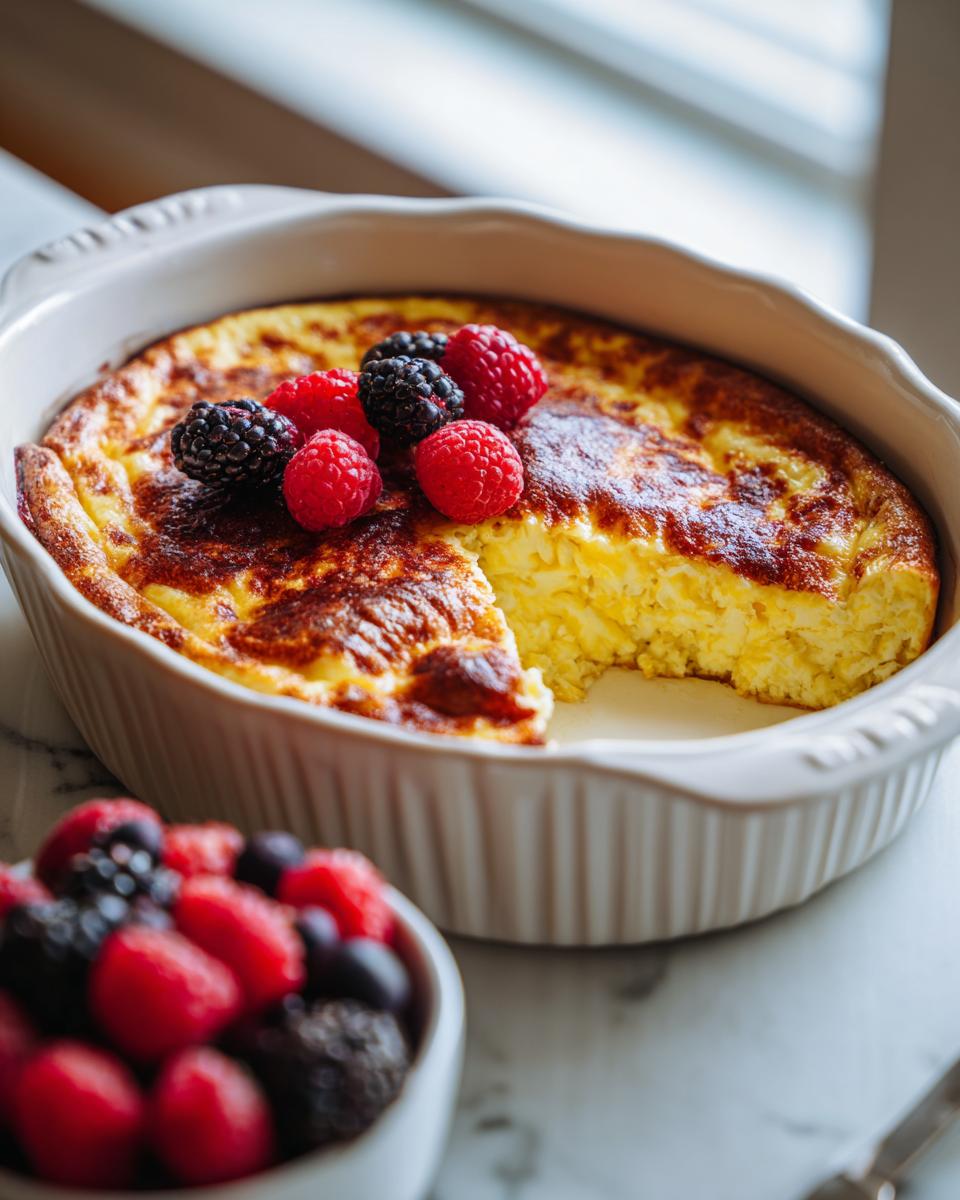 Baked egg casserole topped with raspberries and blackberries in a white dish