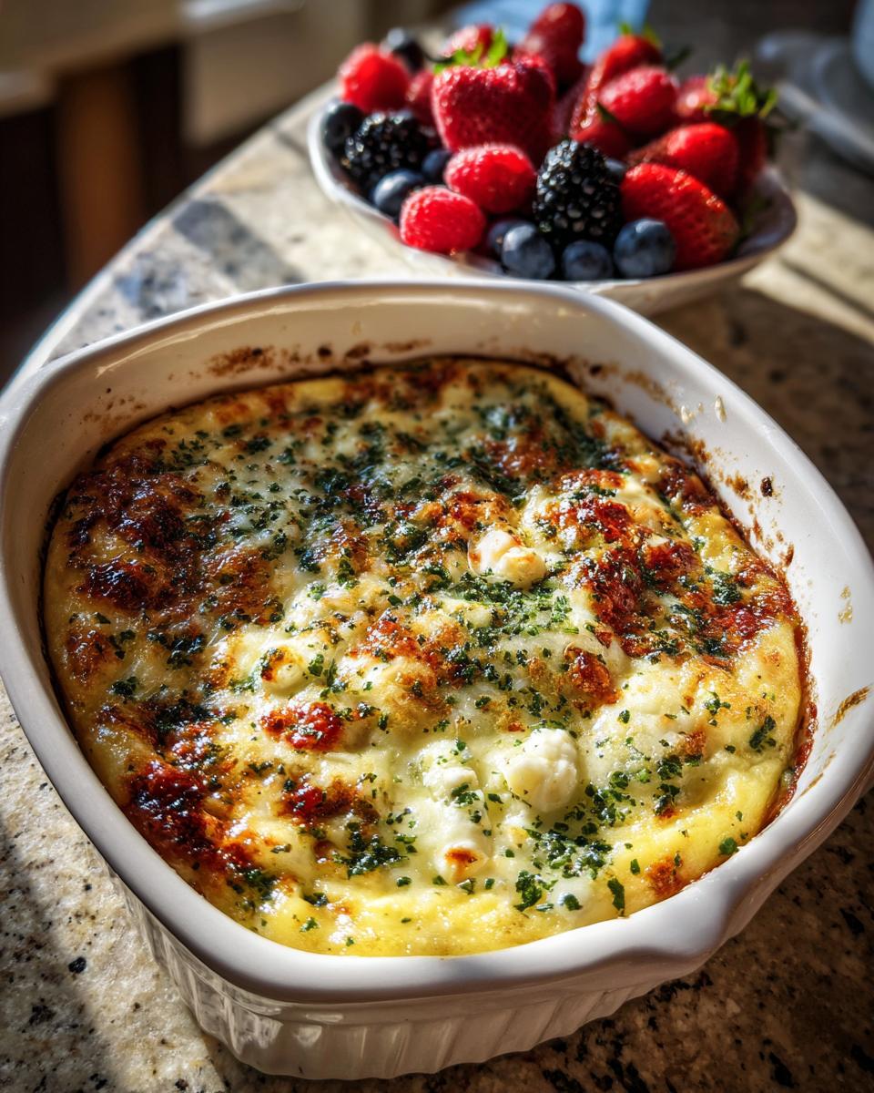 Baked egg casserole sprinkled with herbs in a white dish with a bowl of fresh berries