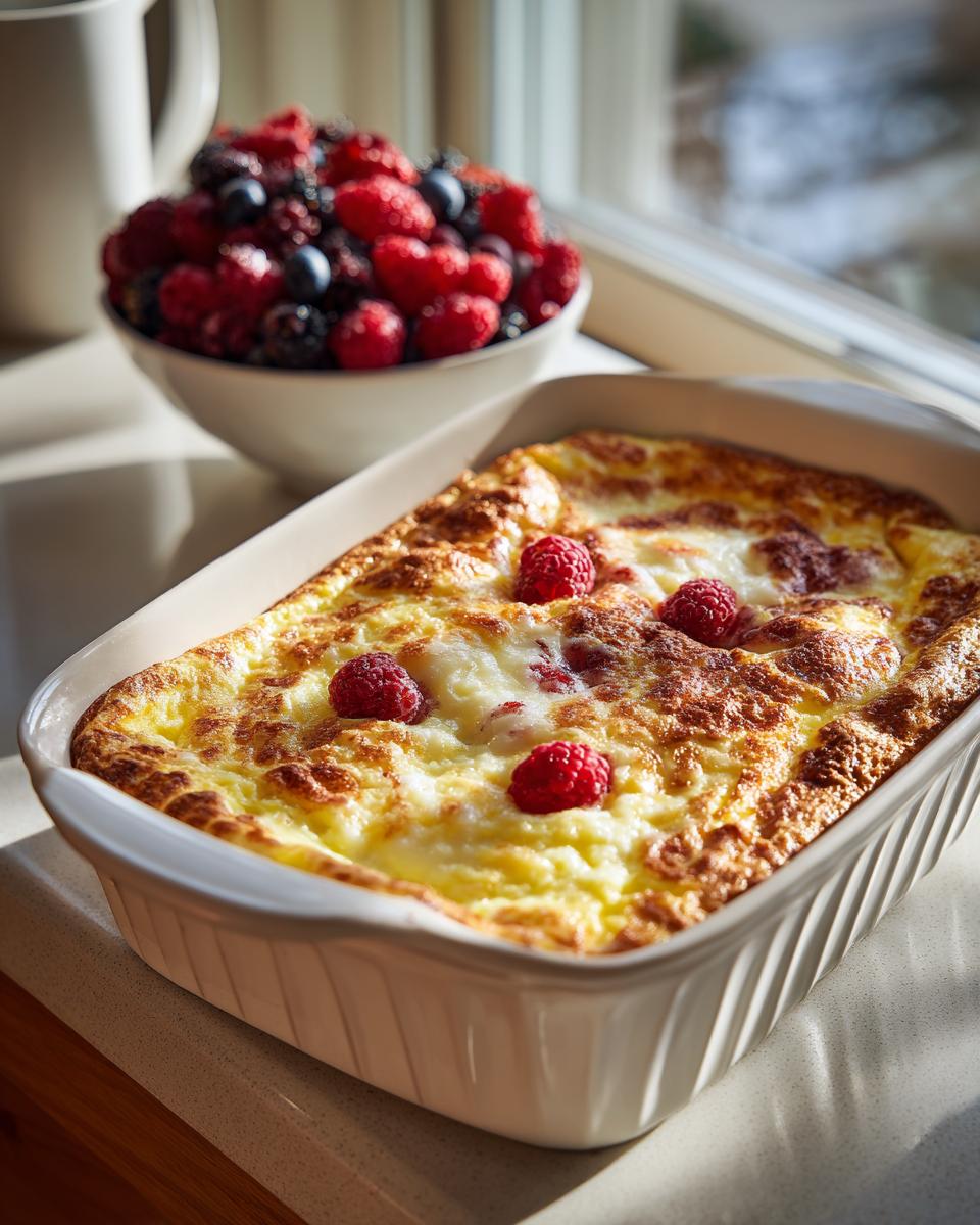 Golden baked egg casserole topped with raspberries next to a bowl of mixed fresh berries.
