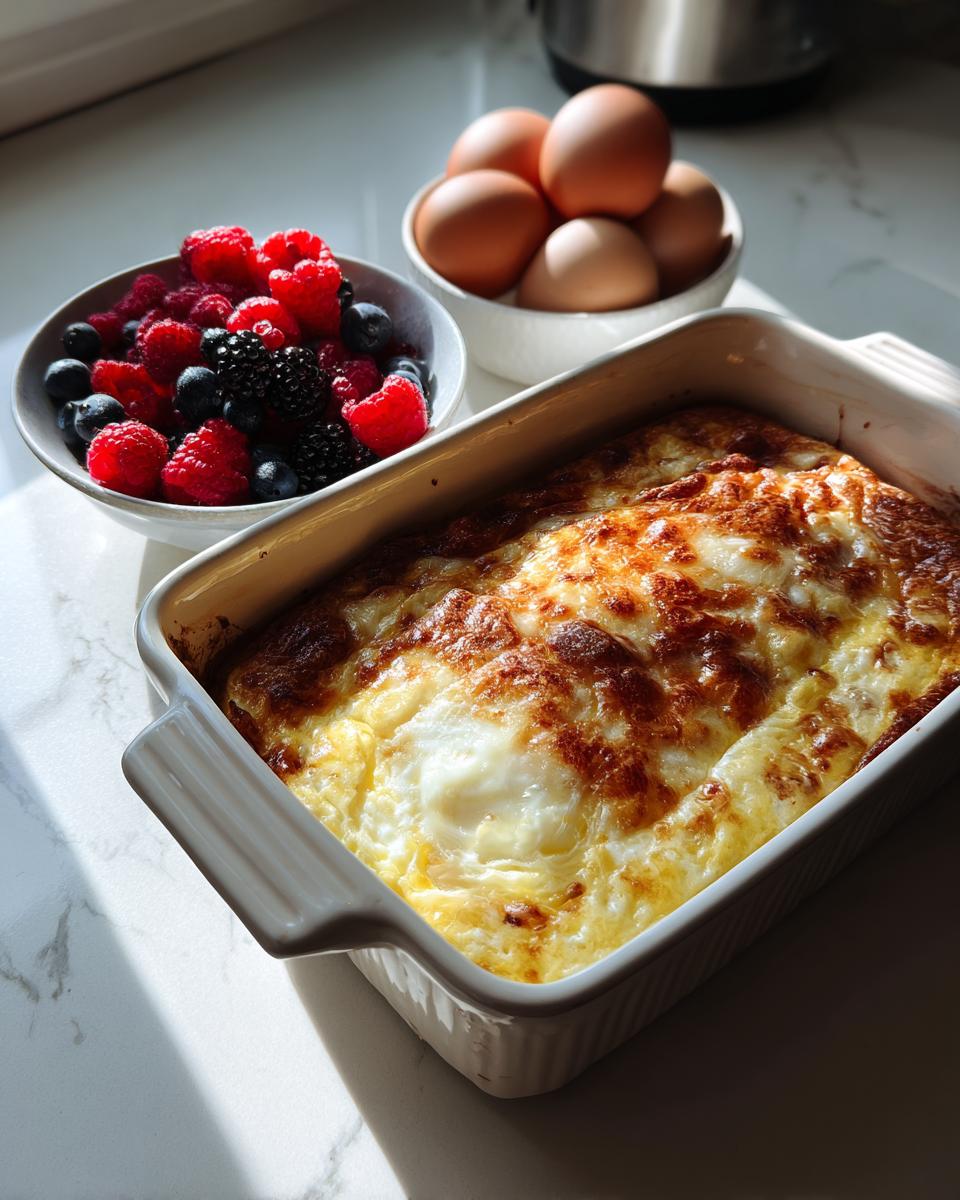 Baked egg casserole in a white dish with a bowl of fresh mixed berries and a bowl of eggs