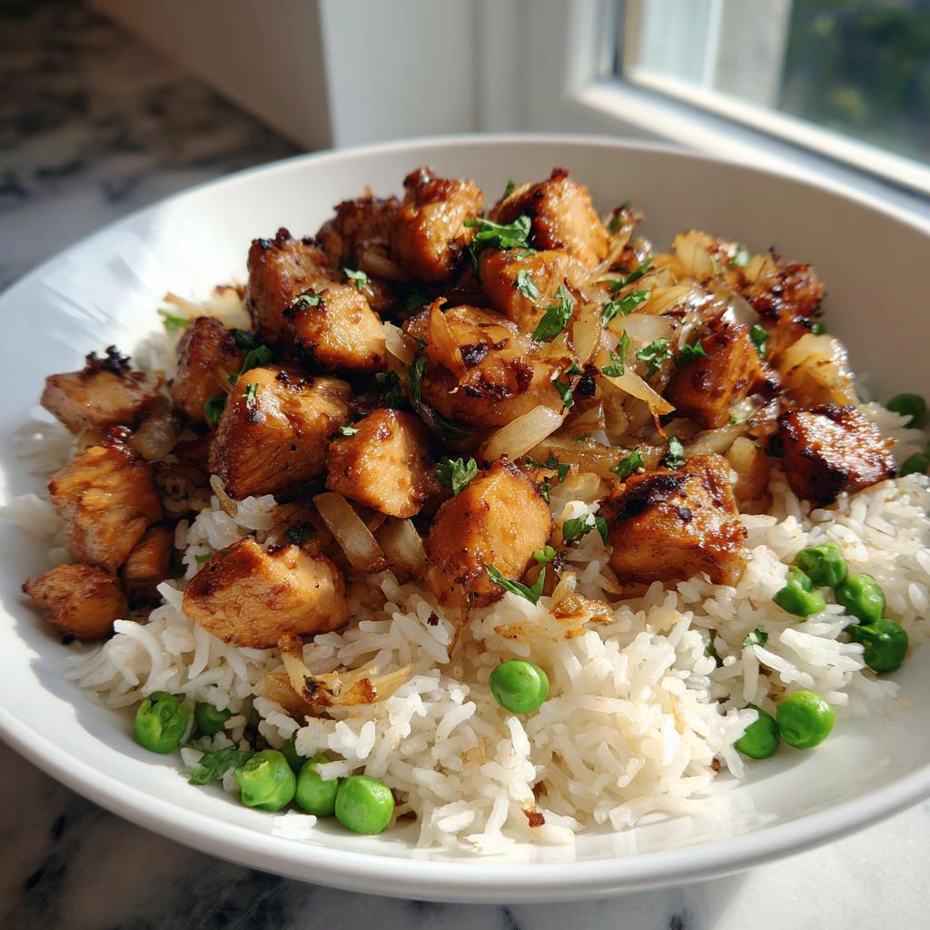 Plate of chicken and rice with peas and herbs, a simple dish from basic cooking recipes