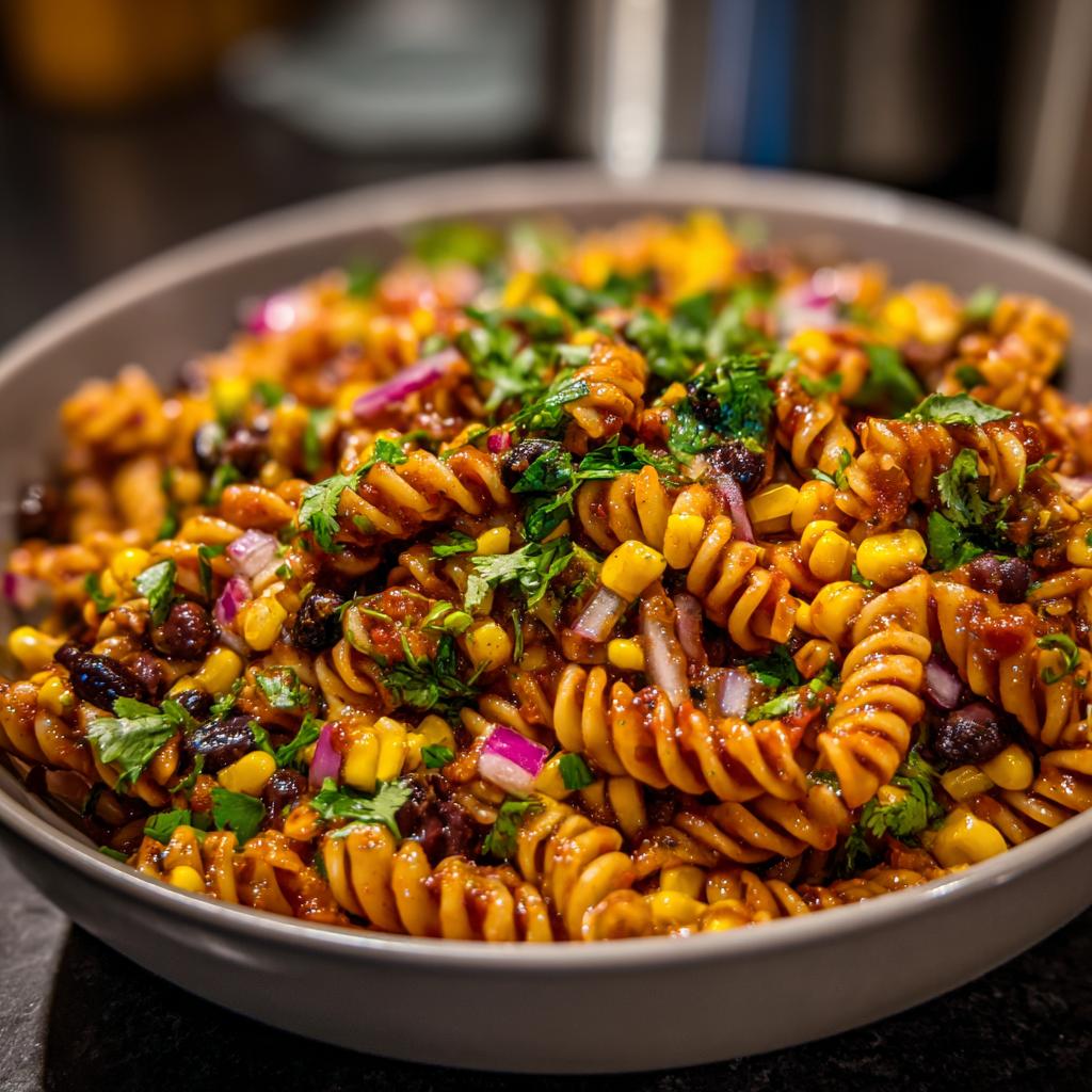 Bowl of BBQ ranch pasta salad recipe with rotini pasta, corn, black beans, red onion, and fresh herbs