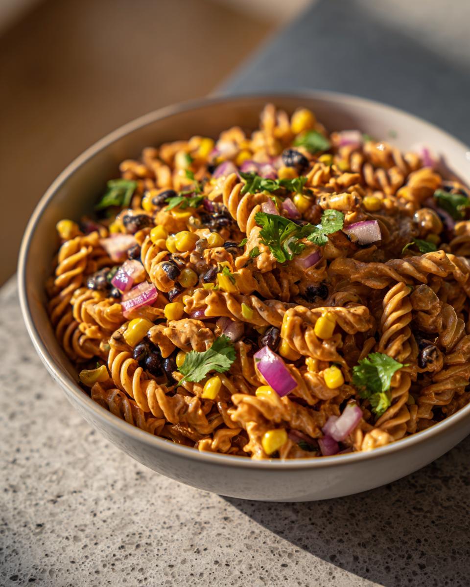 Close-up of BBQ ranch pasta salad recipe with rotini, corn, black beans, red onions, and cilantro in a bowl.