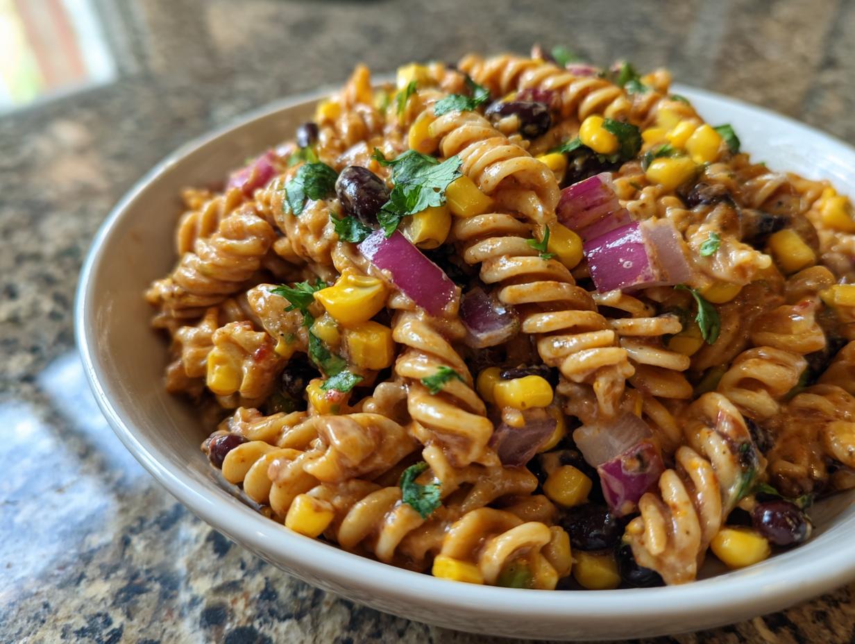Close-up of BBQ ranch pasta salad recipe with rotini pasta, corn, black beans, red onion, and cilantro.