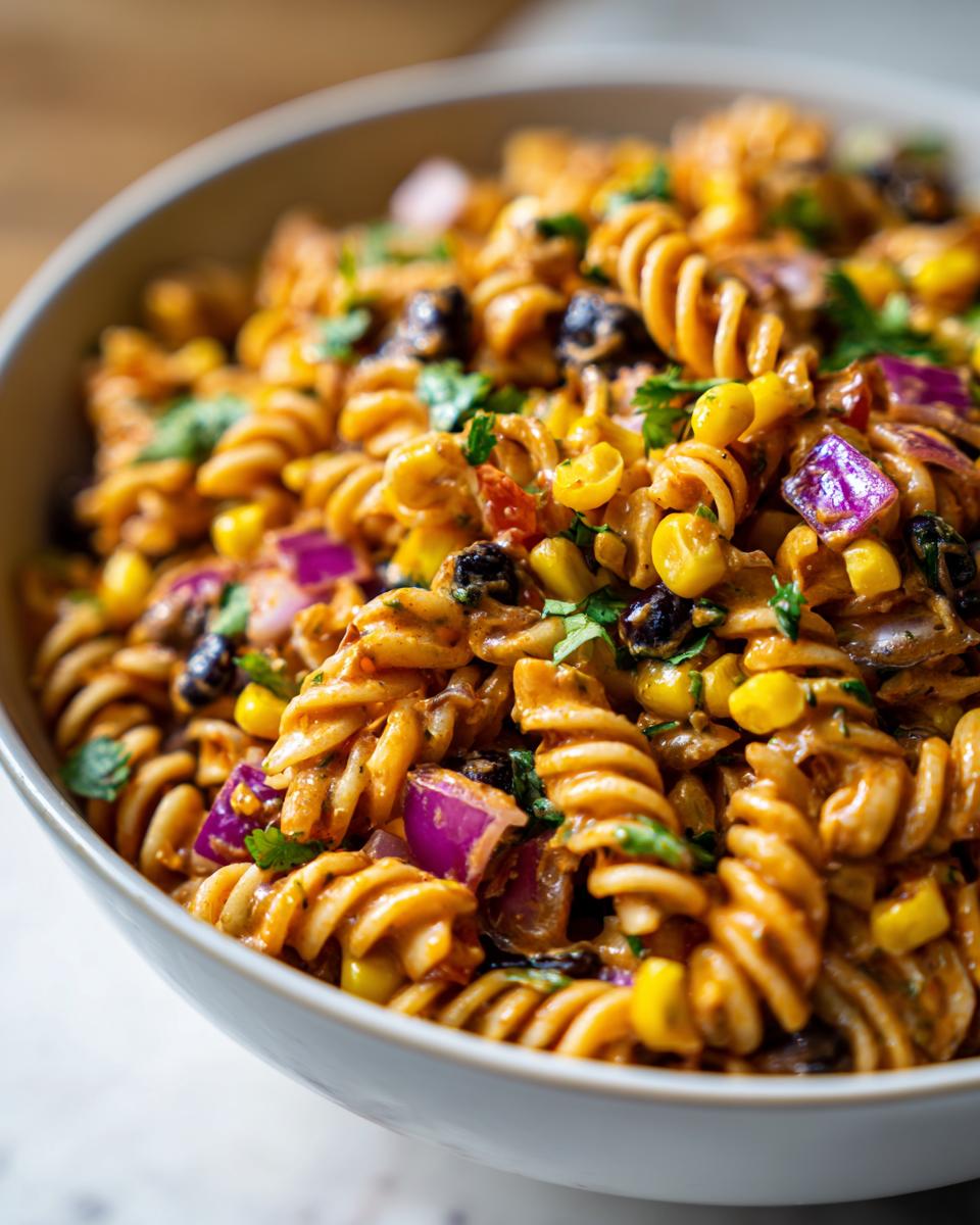 Bowl of BBQ ranch pasta salad recipe with rotini, corn, black beans, red onion, and herbs.