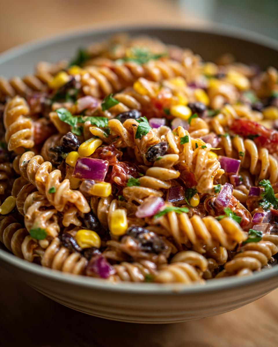 Bowl of BBQ ranch pasta salad recipe with rotini pasta, corn, black beans, red onion, and herbs.