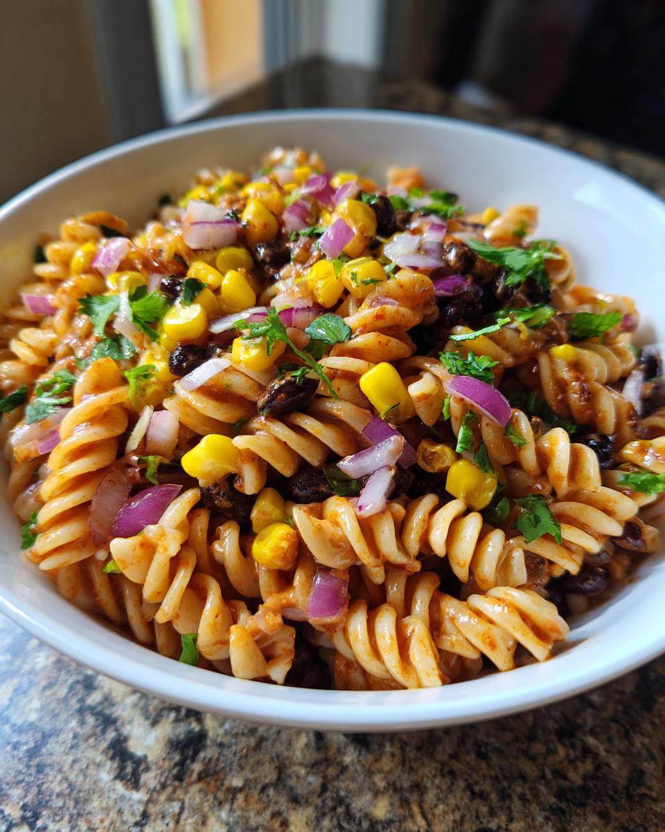 BBQ ranch pasta salad recipe with rotini pasta, corn, black beans, red onion, and cilantro in a white bowl.